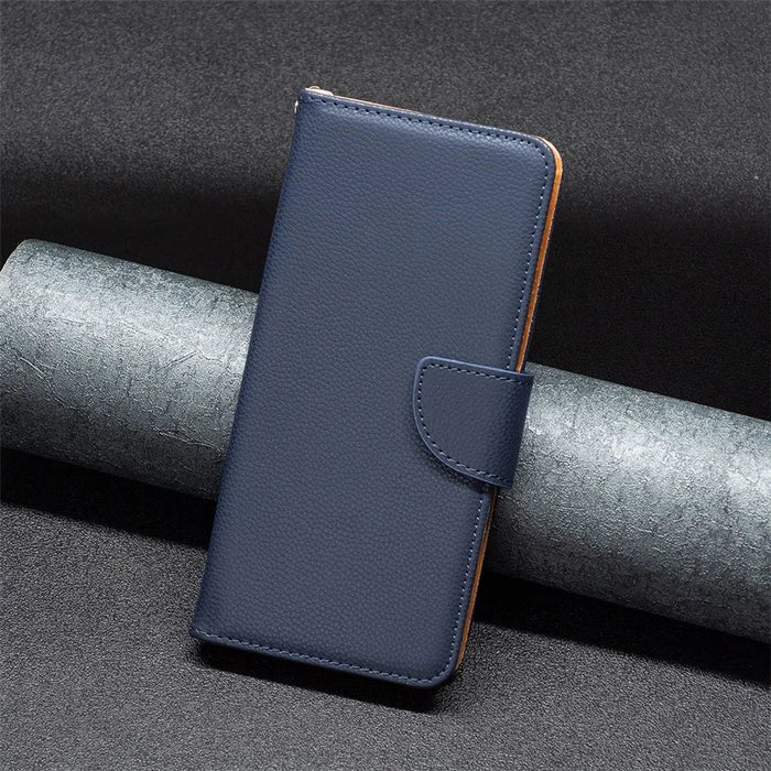 For iPhone 14 Wallet Case Litchi Texture Flip Leather Mobile Cover Stand with Strap - Dark Blue - 4