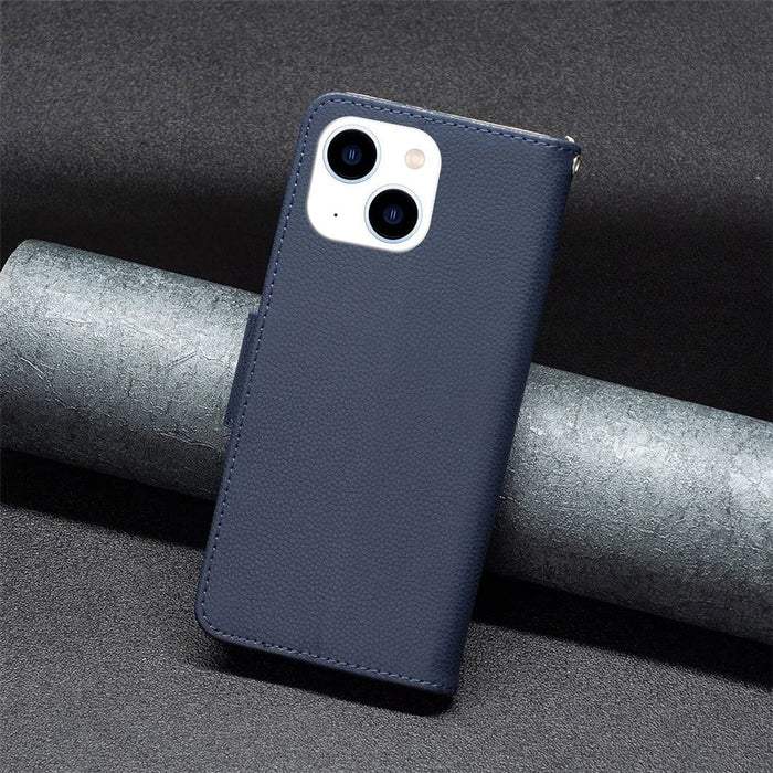 For iPhone 14 Wallet Case Litchi Texture Flip Leather Mobile Cover Stand with Strap - Dark Blue - 5