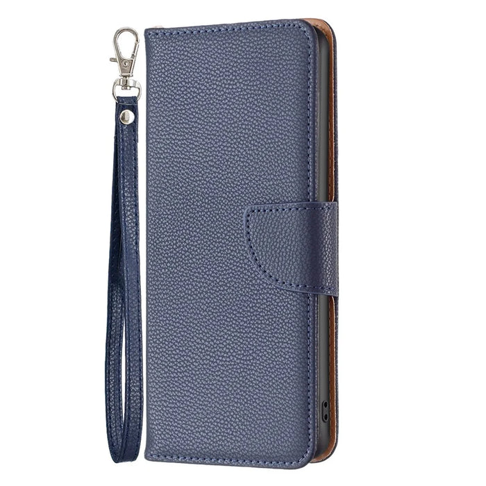 For iPhone 14 Wallet Case Litchi Texture Flip Leather Mobile Cover Stand with Strap - Dark Blue - 6