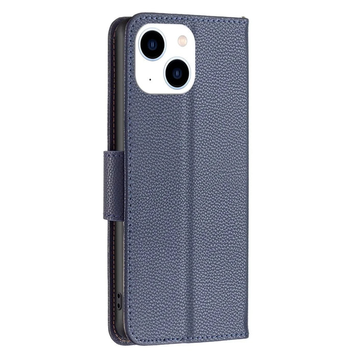 For iPhone 14 Wallet Case Litchi Texture Flip Leather Mobile Cover Stand with Strap - Dark Blue - 7