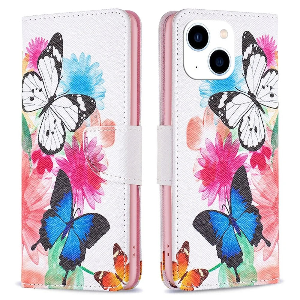 For iPhone 14 Phone Case Pattern Printing PU Leather Wallet Stand Cover - Two Butterflies - 1