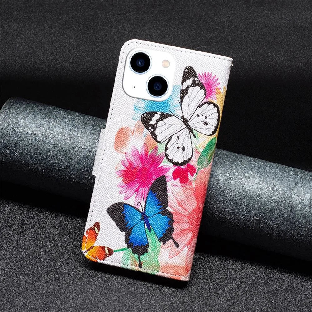 For iPhone 14 Phone Case Pattern Printing PU Leather Wallet Stand Cover - Two Butterflies - 5