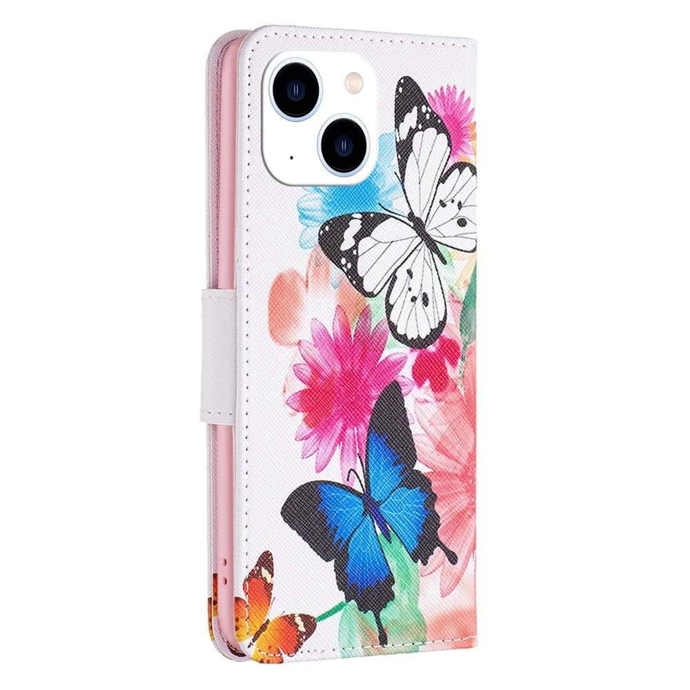 For iPhone 14 Phone Case Pattern Printing PU Leather Wallet Stand Cover - Two Butterflies - 7