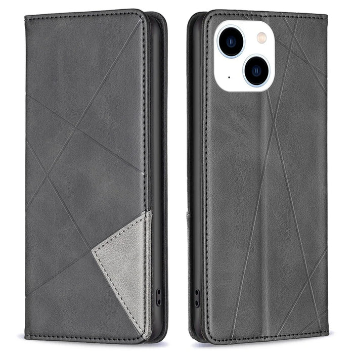 For iPhone 14 Leather Case with Card Holder Imprinting Pattern Phone Stand Cover - Black - 1