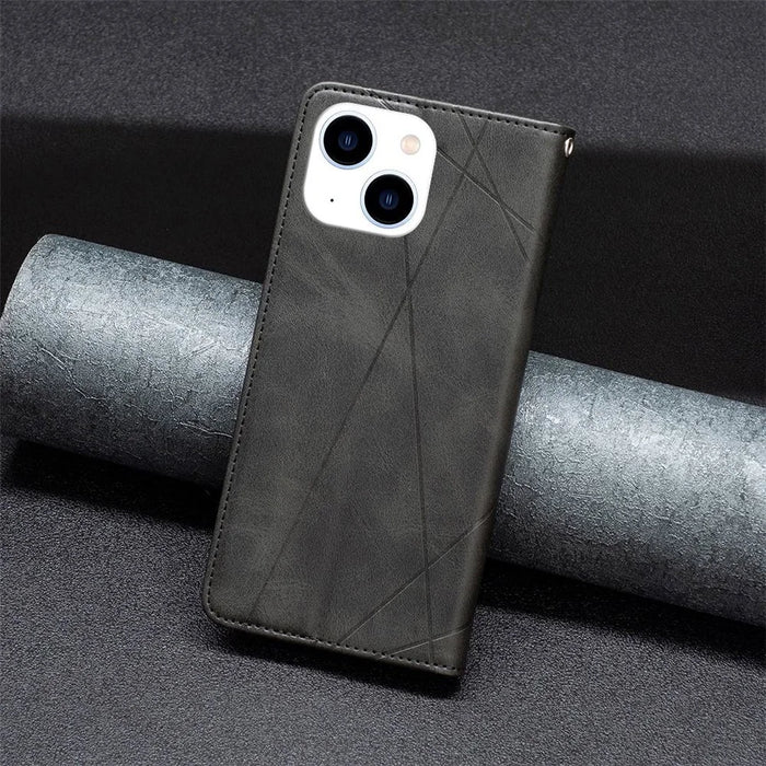 For iPhone 14 Leather Case with Card Holder Imprinting Pattern Phone Stand Cover - Black - 6