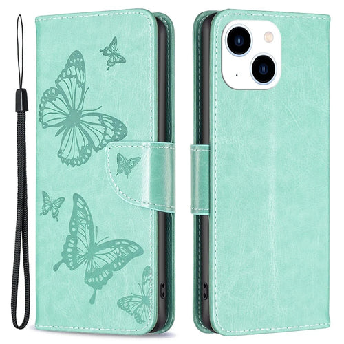 For iPhone 14 Wallet Case Imprinted Butterflies Leather Phone Cover with Strap - Green - 1