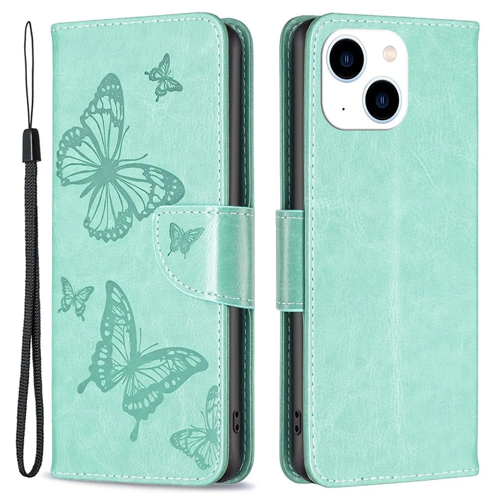 For iPhone 14 Wallet Case Imprinted Butterflies Leather Phone Cover with Strap - Green - 1
