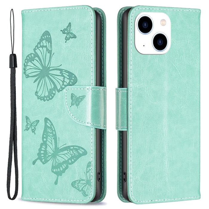 For iPhone 14 Wallet Case Imprinted Butterflies Leather Phone Cover with Strap - Green - 1