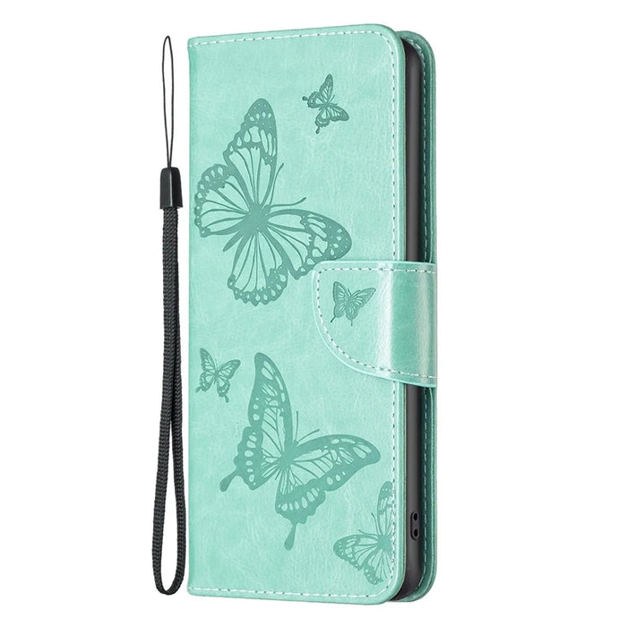 For iPhone 14 Wallet Case Imprinted Butterflies Leather Phone Cover with Strap - Green - 6