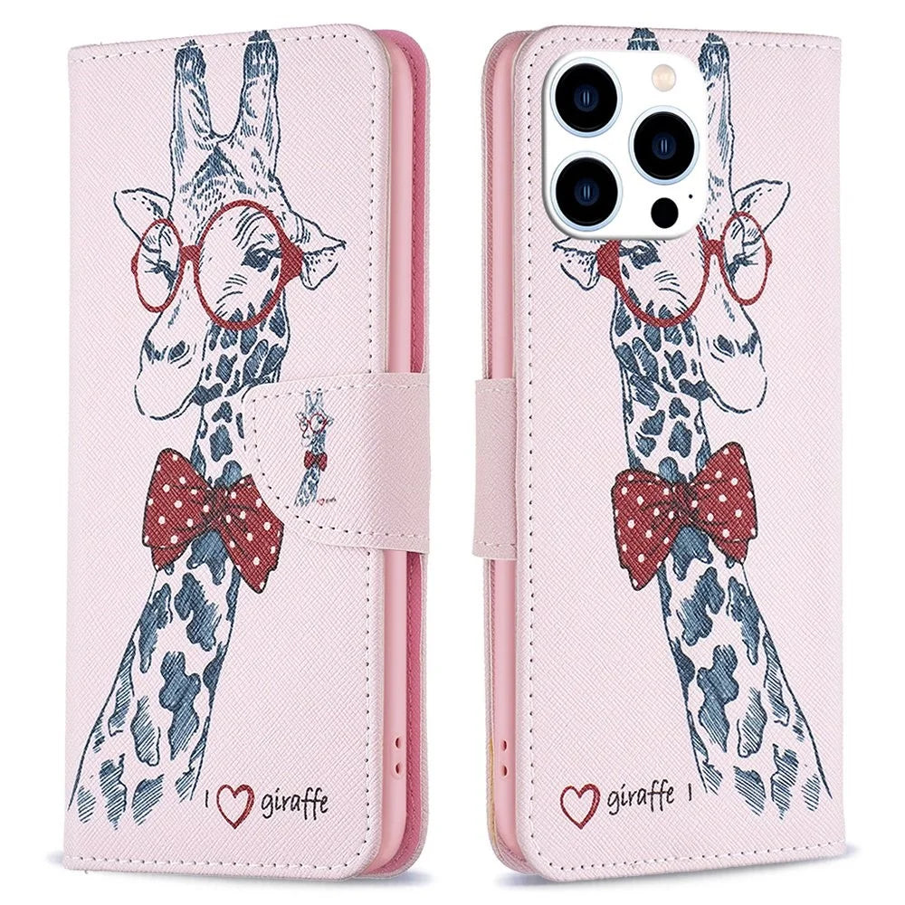 For iPhone 14 Pro Phone Case Pattern Printing PU Leather Wallet Stand Cover - Giraffe - 1