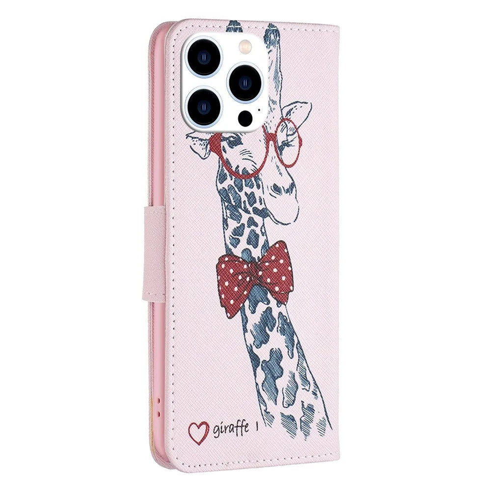 For iPhone 14 Pro Phone Case Pattern Printing PU Leather Wallet Stand Cover - Giraffe - 7