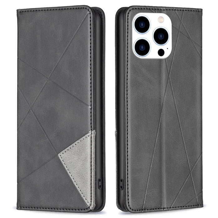For iPhone 14 Pro Leather Case with Card Holder Imprinting Pattern Phone Stand Cover - Black - 1