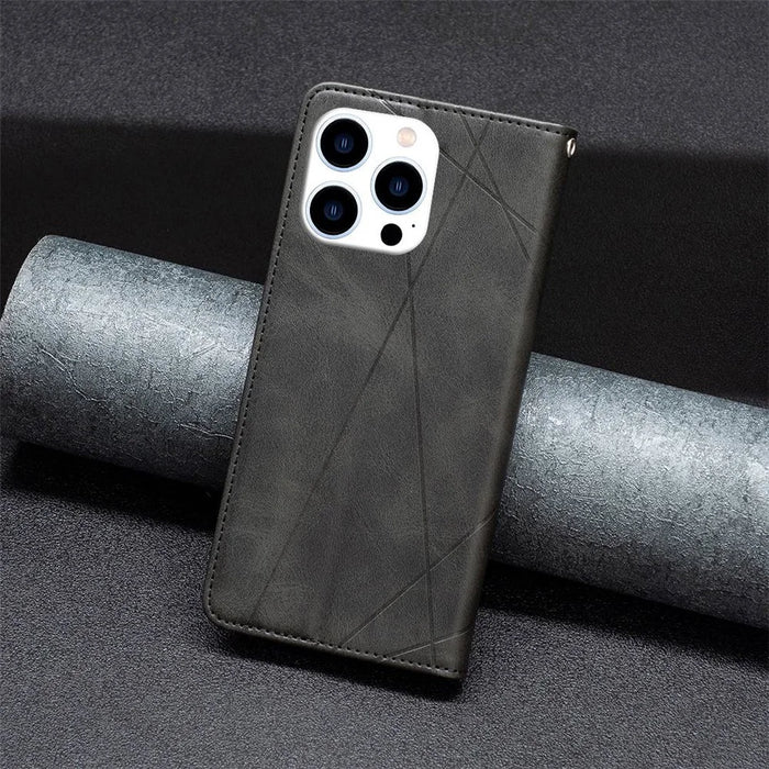 For iPhone 14 Pro Leather Case with Card Holder Imprinting Pattern Phone Stand Cover - Black - 6