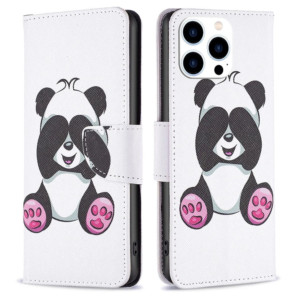 For iPhone 14 Pro Leather Case Pattern Printing Wallet Stand Flip Mobile Cover - Panda - 1