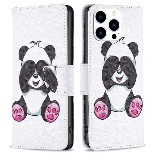 For iPhone 14 Pro Leather Case Pattern Printing Wallet Stand Flip Mobile Cover - Panda - 1