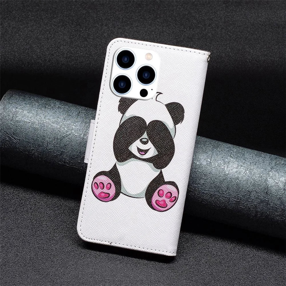 For iPhone 14 Pro Leather Case Pattern Printing Wallet Stand Flip Mobile Cover - Panda - 5