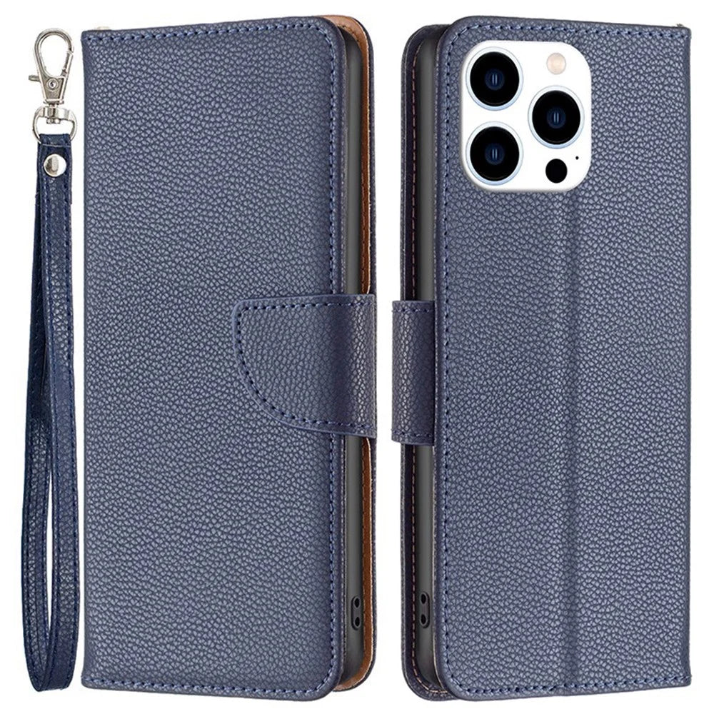 For iPhone 14 Pro Wallet Case Litchi Texture Flip Leather Mobile Cover Stand with Strap - Dark Blue - 1