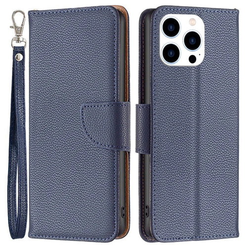 For iPhone 14 Pro Wallet Case Litchi Texture Flip Leather Mobile Cover Stand with Strap - Dark Blue - 1