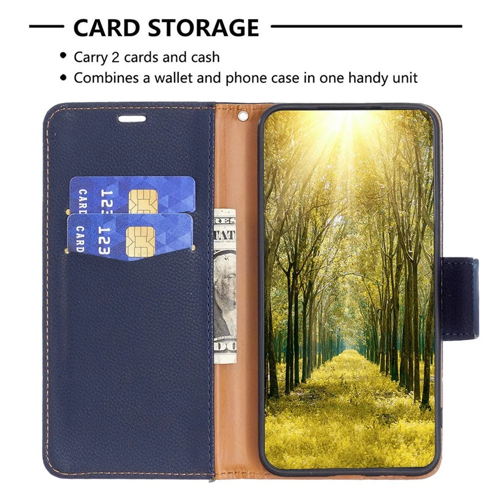 For iPhone 14 Pro Wallet Case Litchi Texture Flip Leather Mobile Cover Stand with Strap - Dark Blue - 3