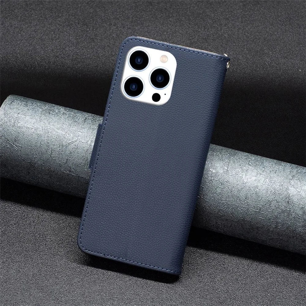 For iPhone 14 Pro Wallet Case Litchi Texture Flip Leather Mobile Cover Stand with Strap - Dark Blue - 5
