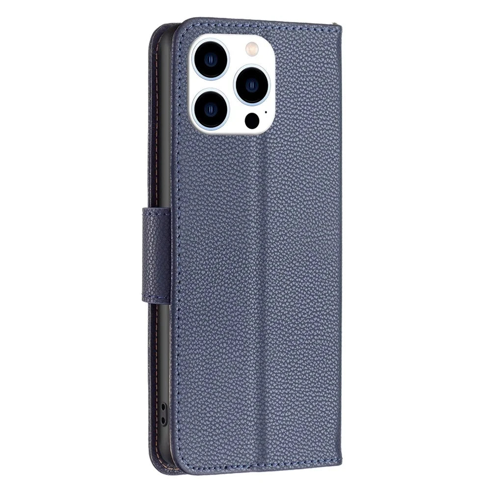 For iPhone 14 Pro Wallet Case Litchi Texture Flip Leather Mobile Cover Stand with Strap - Dark Blue - 7