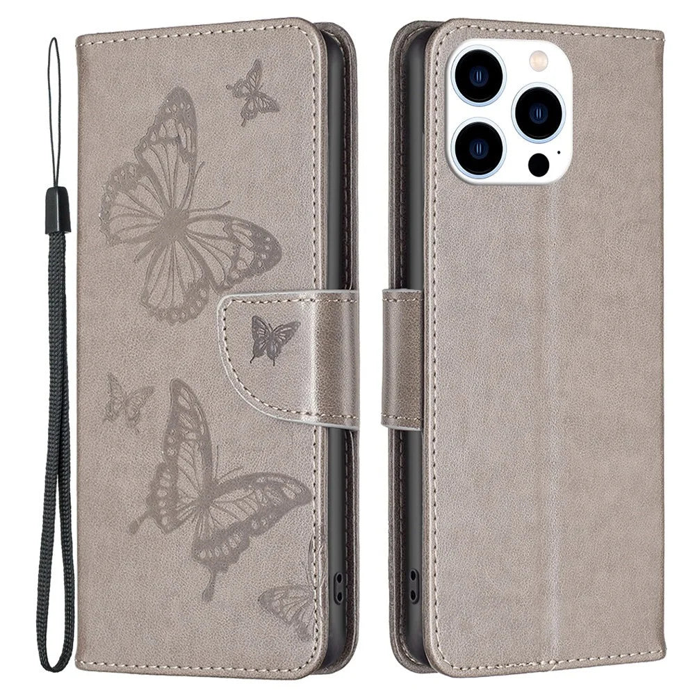 For iPhone 14 Pro Wallet Case Imprinted Butterflies Leather Phone Cover with Strap - Grey - 1