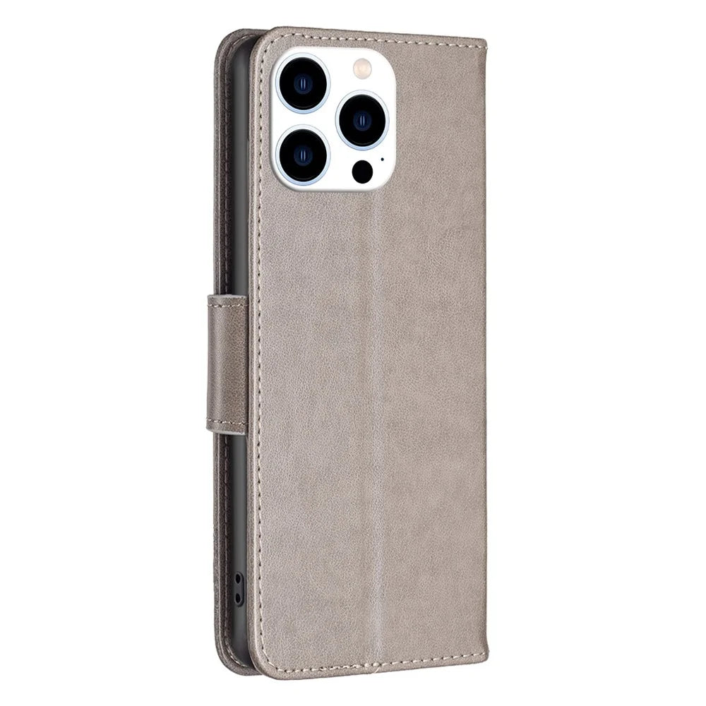 For iPhone 14 Pro Wallet Case Imprinted Butterflies Leather Phone Cover with Strap - Grey - 7