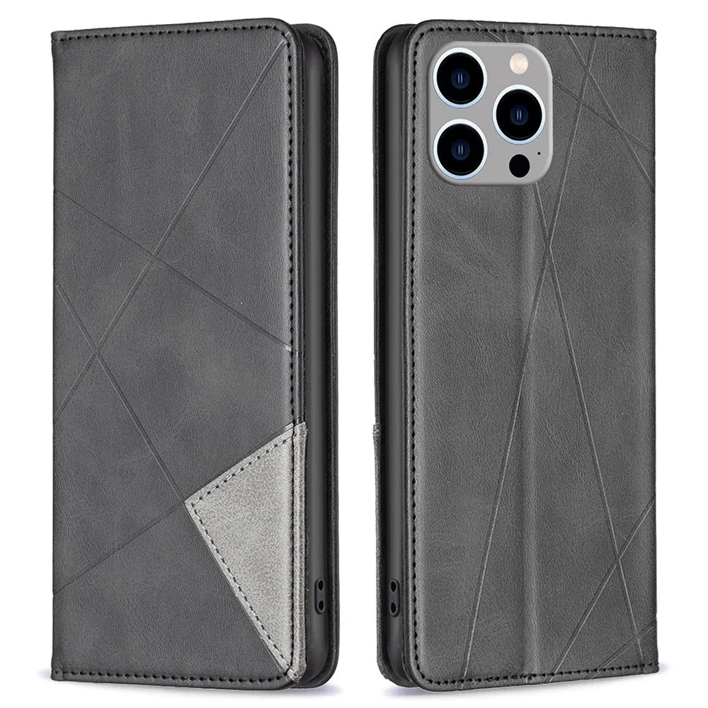 For iPhone 14 Pro Leather Case with Card Holder Imprinting Pattern Phone Stand Cover - Black - 1