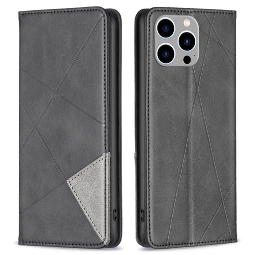 For iPhone 14 Pro Leather Case with Card Holder Imprinting Pattern Phone Stand Cover - Black - 1