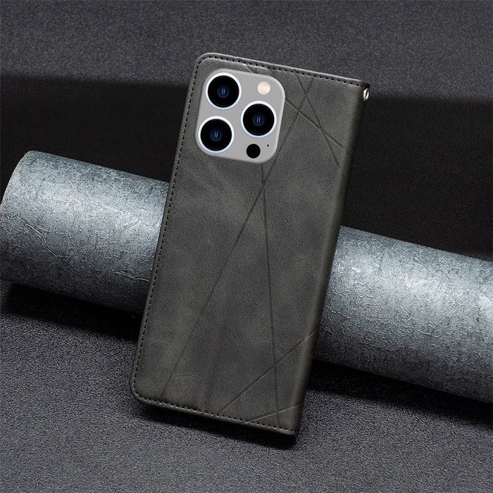 For iPhone 14 Pro Leather Case with Card Holder Imprinting Pattern Phone Stand Cover - Black - 6