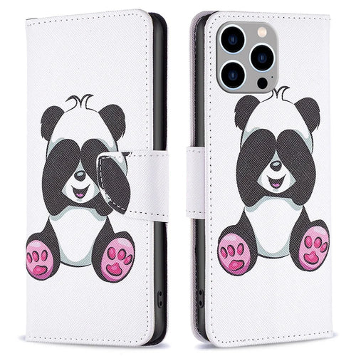 For iPhone 14 Pro Max Leather Case Pattern Printing Wallet Stand Flip Mobile Cover - Panda - 1