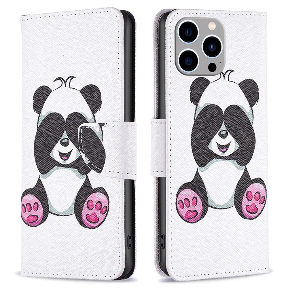 For iPhone 14 Pro Max Leather Case Pattern Printing Wallet Stand Flip Mobile Cover - Panda - 1