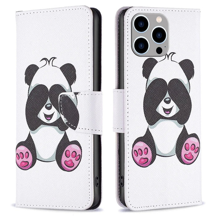 For iPhone 14 Pro Max Leather Case Pattern Printing Wallet Stand Flip Mobile Cover - Panda - 1