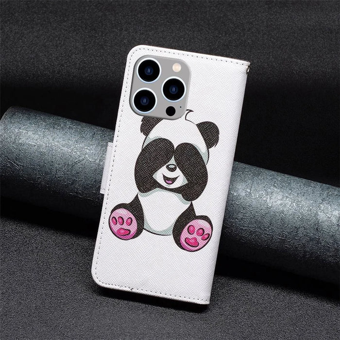 For iPhone 14 Pro Max Leather Case Pattern Printing Wallet Stand Flip Mobile Cover - Panda - 5
