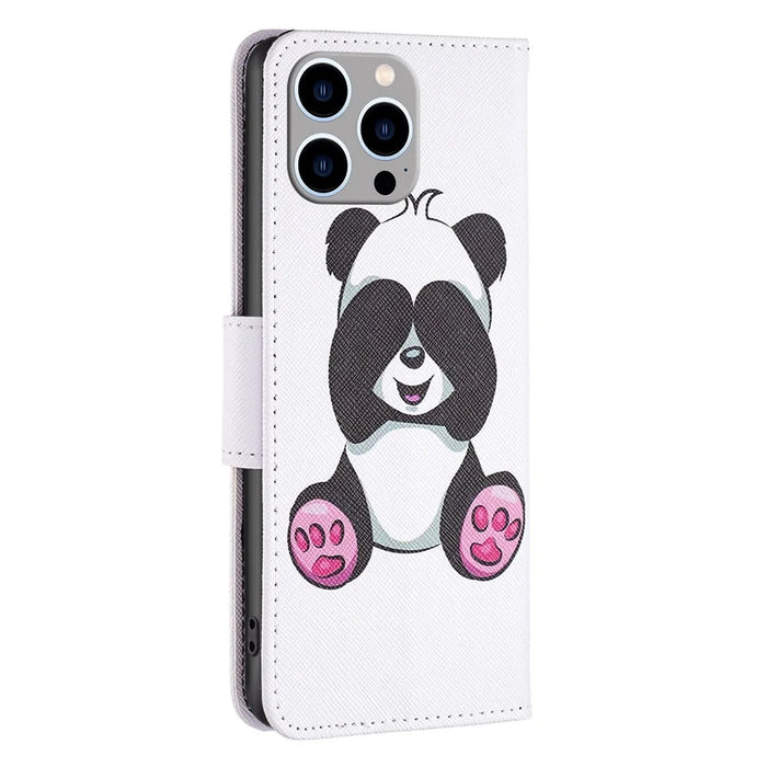 For iPhone 14 Pro Max Leather Case Pattern Printing Wallet Stand Flip Mobile Cover - Panda - 7