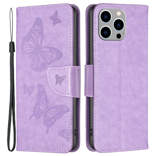 For iPhone 14 Pro Max Wallet Case Imprinted Butterflies Leather Phone Cover with Strap - Purple - 1