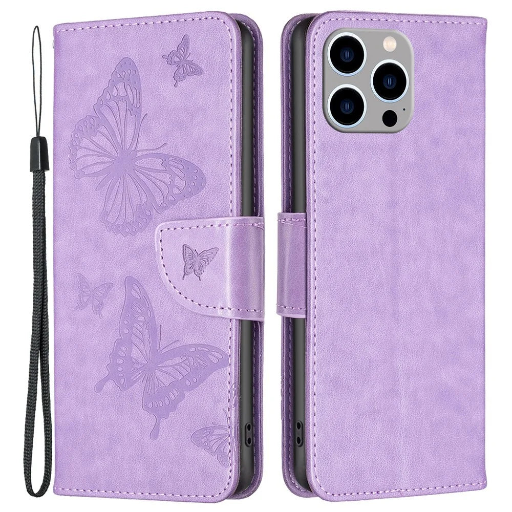 For iPhone 14 Pro Max Wallet Case Imprinted Butterflies Leather Phone Cover with Strap - Purple - 1