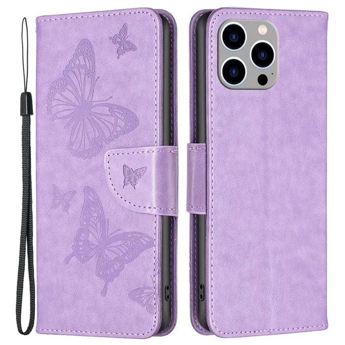 For iPhone 14 Pro Max Wallet Case Imprinted Butterflies Leather Phone Cover with Strap - Purple - 1