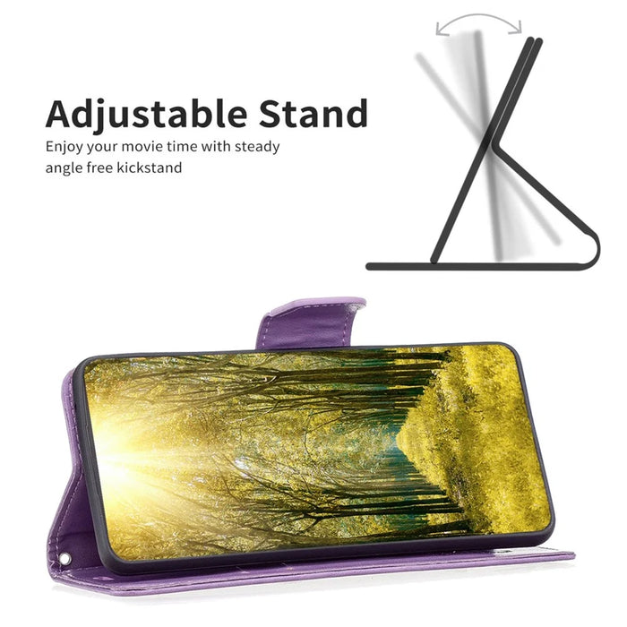 For iPhone 14 Pro Max Wallet Case Imprinted Butterflies Leather Phone Cover with Strap - Purple - 2