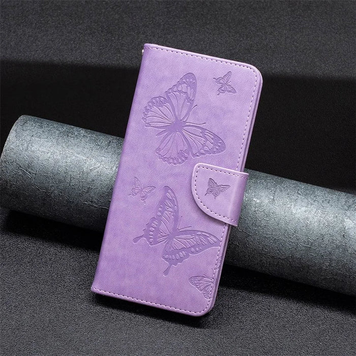 For iPhone 14 Pro Max Wallet Case Imprinted Butterflies Leather Phone Cover with Strap - Purple - 4
