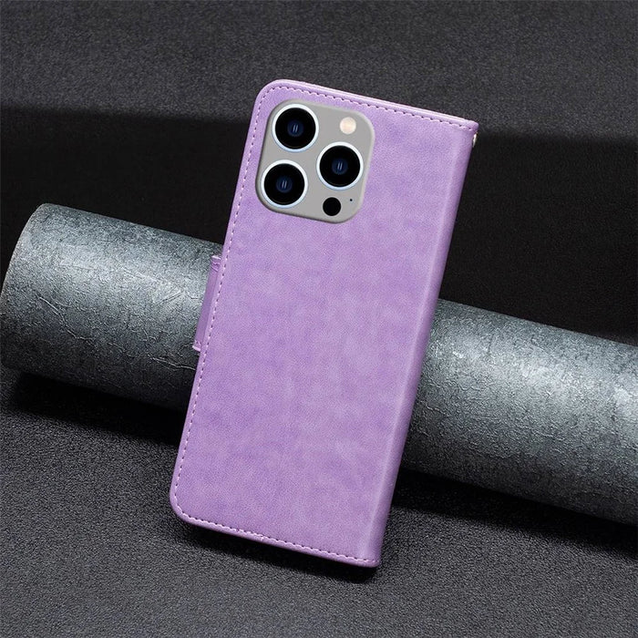 For iPhone 14 Pro Max Wallet Case Imprinted Butterflies Leather Phone Cover with Strap - Purple - 5
