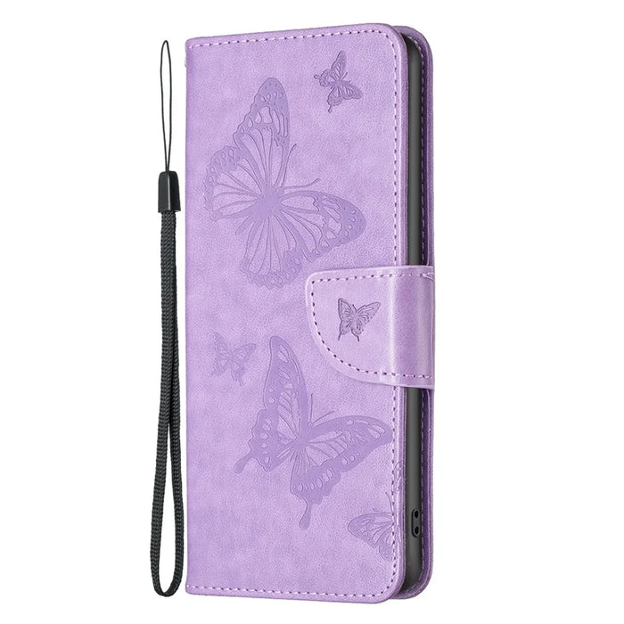 For iPhone 14 Pro Max Wallet Case Imprinted Butterflies Leather Phone Cover with Strap - Purple - 6