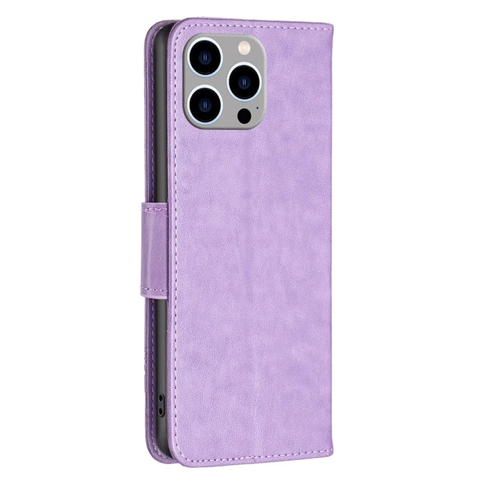 For iPhone 14 Pro Max Wallet Case Imprinted Butterflies Leather Phone Cover with Strap - Purple - 7