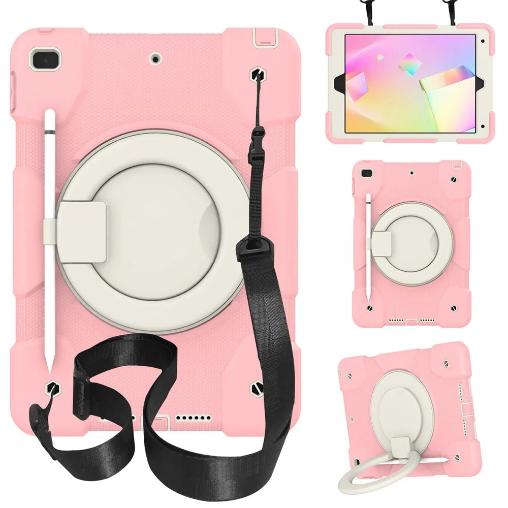 For iPad 10.2 (2021)/(2019)/(2020) Anti-fall Protective Case Shockproof Tablet Cover Lightweight Scratch Resistant Case with Kickstand/Shoulder Strap - Sakura Pink - 1