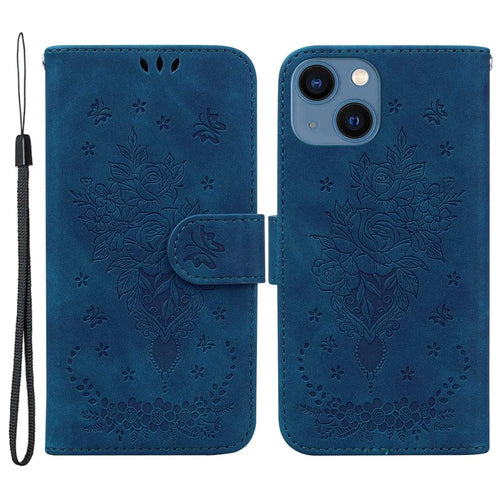 For iPhone 13 6.1 inch Phone Cover Imprinting Roses Butterflies Pattern Shockproof Leather Full Coverage Scratch Resistant Phone Case Wallet Stand - Blue - 1