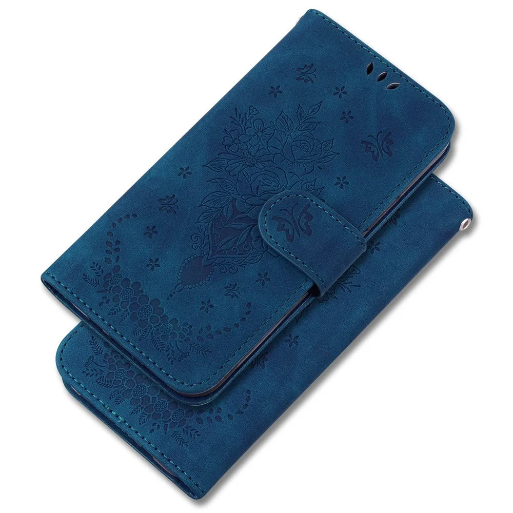 For iPhone 13 6.1 inch Phone Cover Imprinting Roses Butterflies Pattern Shockproof Leather Full Coverage Scratch Resistant Phone Case Wallet Stand - Blue - 6