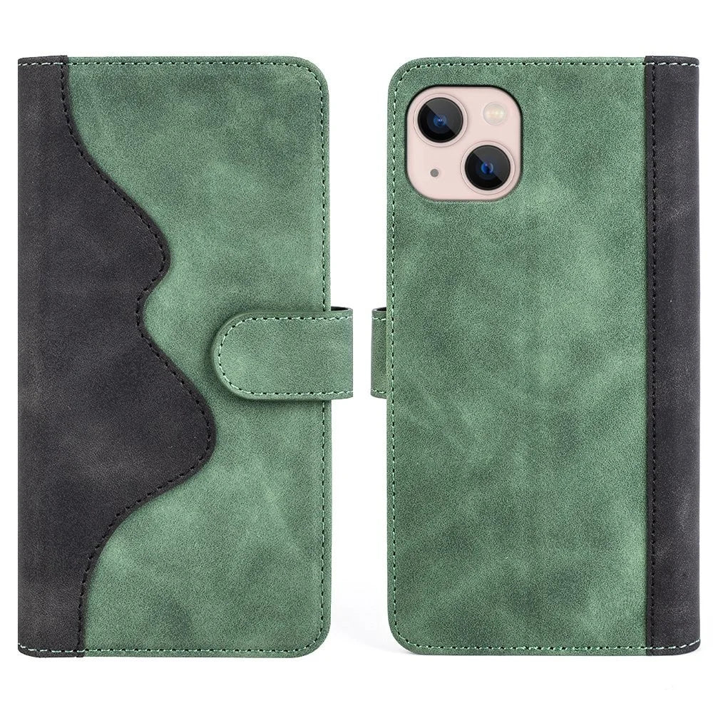 Phone Protective Cover Leather Case for iPhone 13 6.1 inch, Color Splicing Stand Wallet Function Smartphone Shell - Green - 1