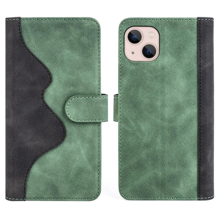 Phone Protective Cover Leather Case for iPhone 13 6.1 inch, Color Splicing Stand Wallet Function Smartphone Shell - Green - 1