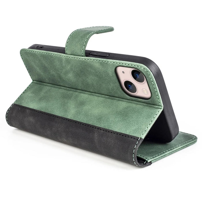 Phone Protective Cover Leather Case for iPhone 13 6.1 inch, Color Splicing Stand Wallet Function Smartphone Shell - Green - 3