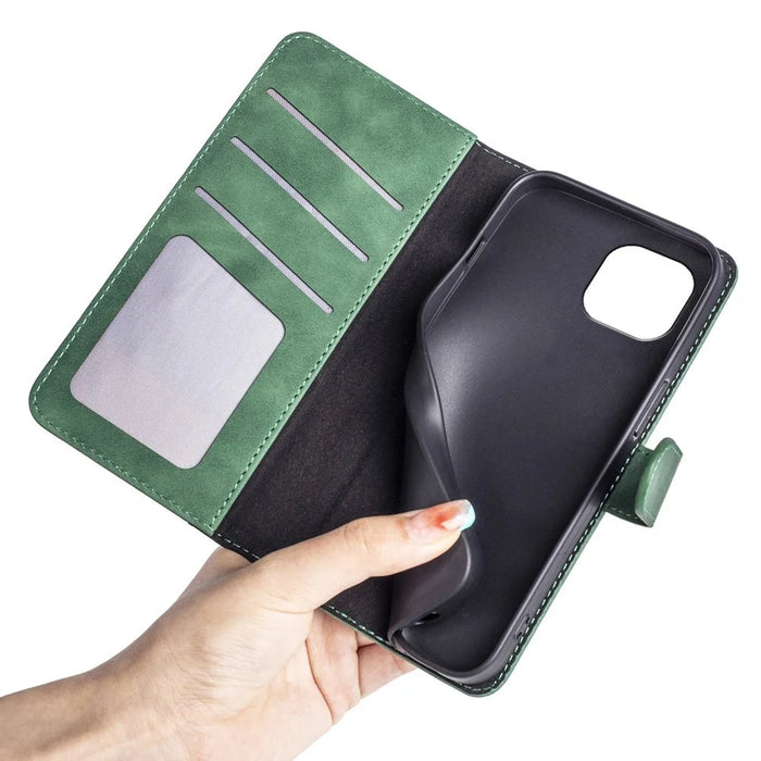 Phone Protective Cover Leather Case for iPhone 13 6.1 inch, Color Splicing Stand Wallet Function Smartphone Shell - Green - 5
